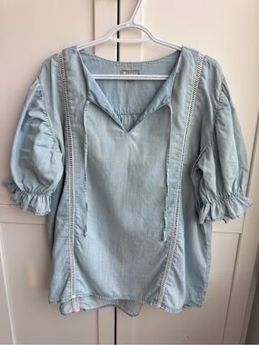 Tractr Oversized Chambray Puff Sleeve Cottagecore Peasant Blouse Size XL